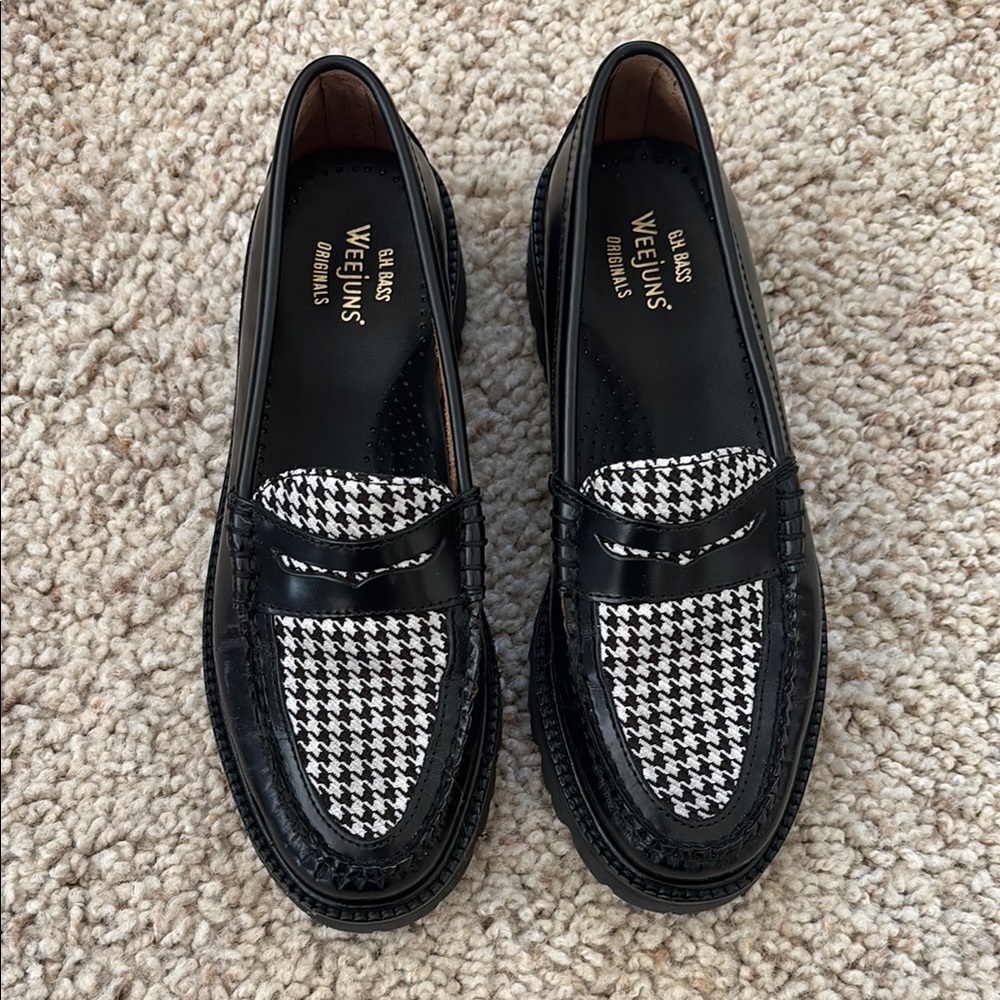 G.H. Bass & Co. Black and White Slip-On Loafers with Houndstooth Interior